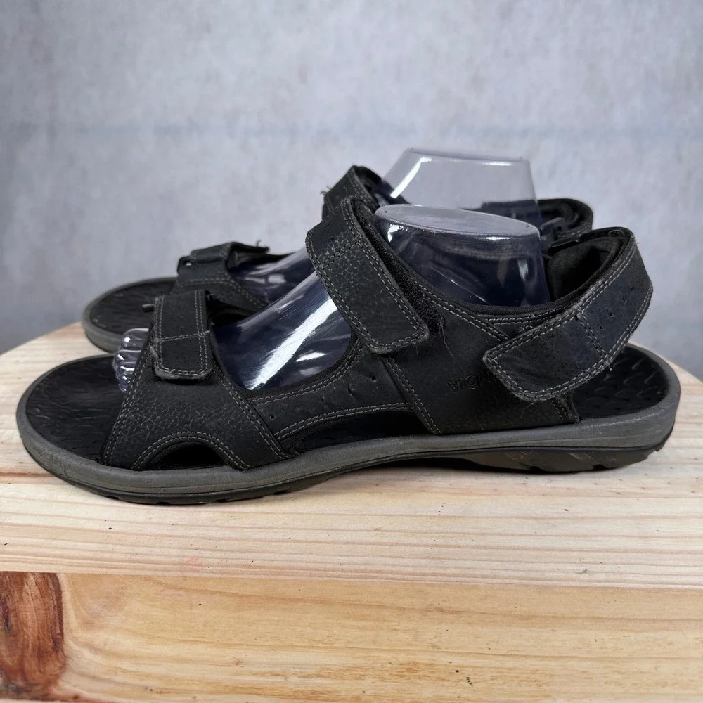 Vionic Bryce Sandals Mens 14 Black Good Leather Triple Strap Orthotic Walking